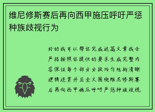 维尼修斯赛后再向西甲施压呼吁严惩种族歧视行为
